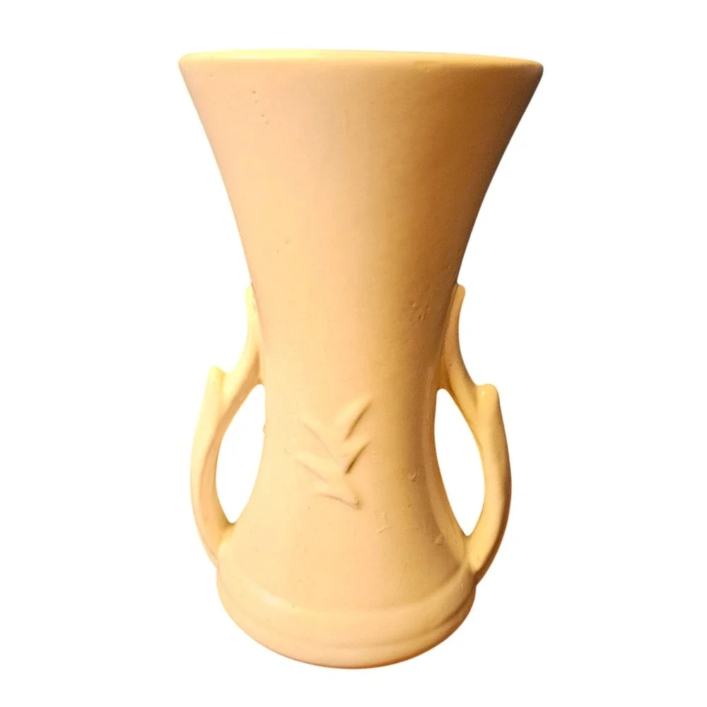 Vintage McCoy Pottery Matte Ivory Flared Handle Vase Embossed Wheat 8.5 inch